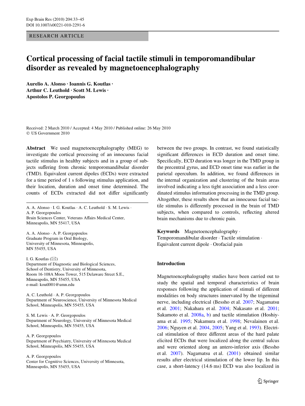Cortical Processing of Facial Tactile Stimuli in Temporomandibular Disorder As Revealed by Magnetoencephalography
