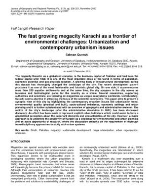 The Fast Growing Megacity Karachi As a Frontier of Environmental Challenges: Urbanization and Contemporary Urbanism Issues