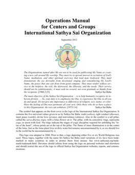 Operations Manual for Centers and Groups International Sathya Sai Organization