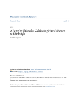 A Poem by Philocalos Celebrating Hume's Return to Edinburgh Donald Livingston
