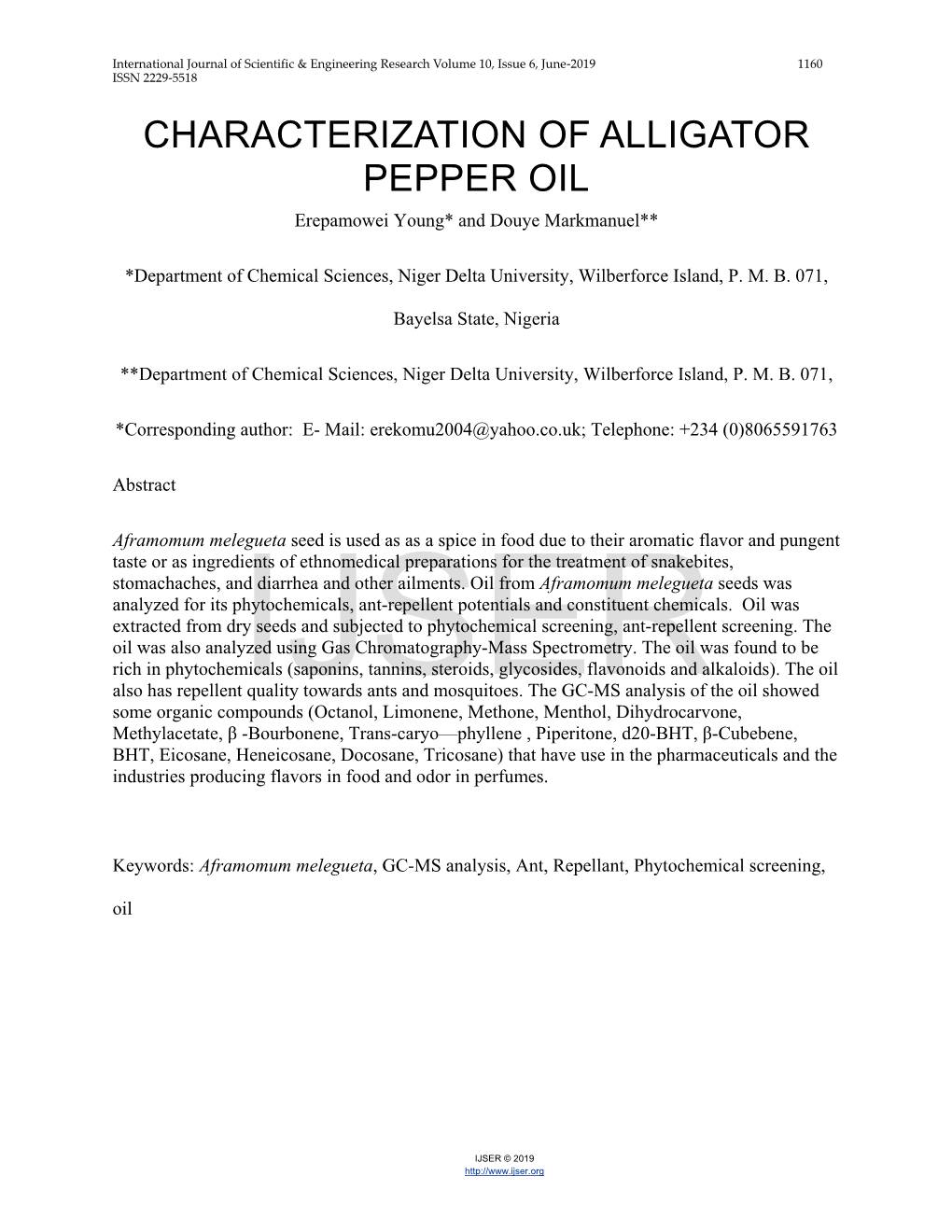 CHARACTERIZATION of ALLIGATOR PEPPER OIL Erepamowei Young* and Douye Markmanuel**