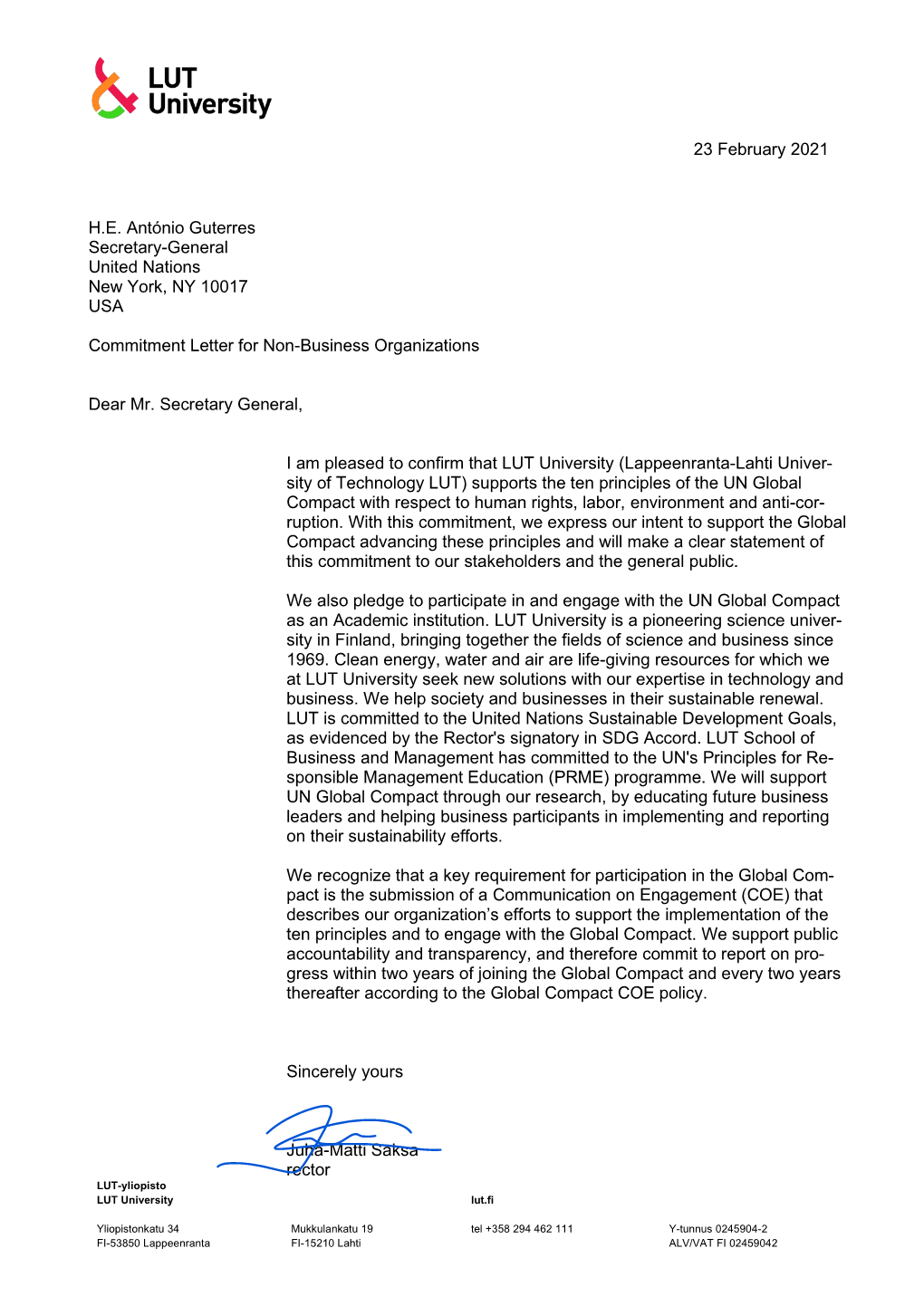 23 February 2021 H.E. António Guterres Secretary-General United Nations New York, NY 10017 USA Commitment Letter for Non-Busine