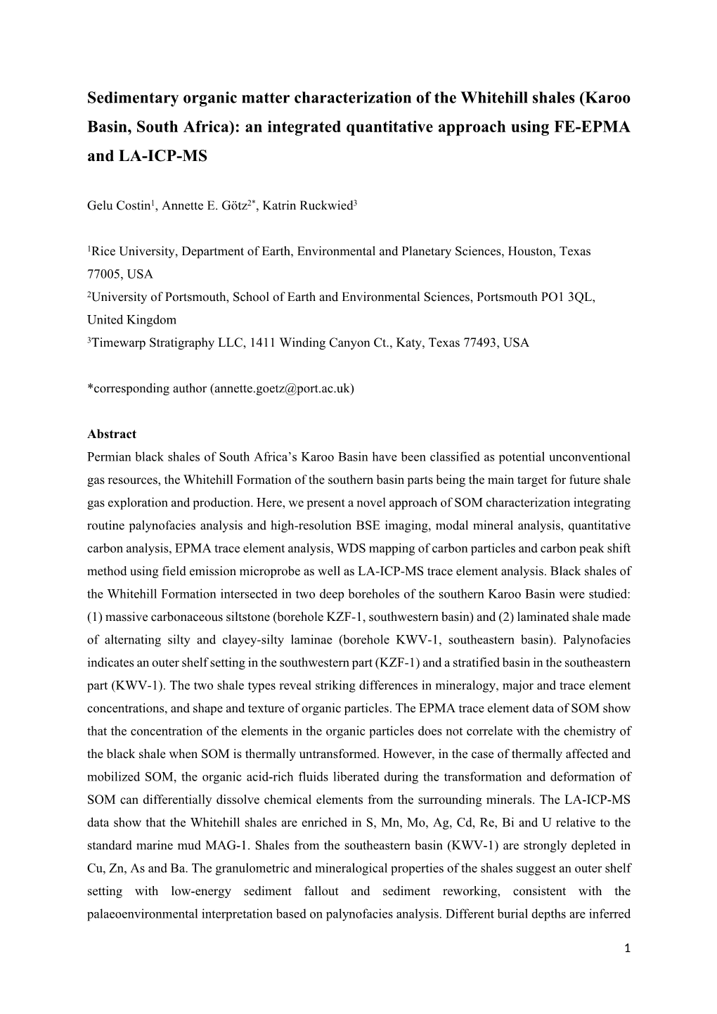 Sedimentary Organic Matter Characterization of the Whitehill Shales (Karoo Basin, South Africa): an Integrated Quantitative Approach Using FE-EPMA and LA-ICP-MS