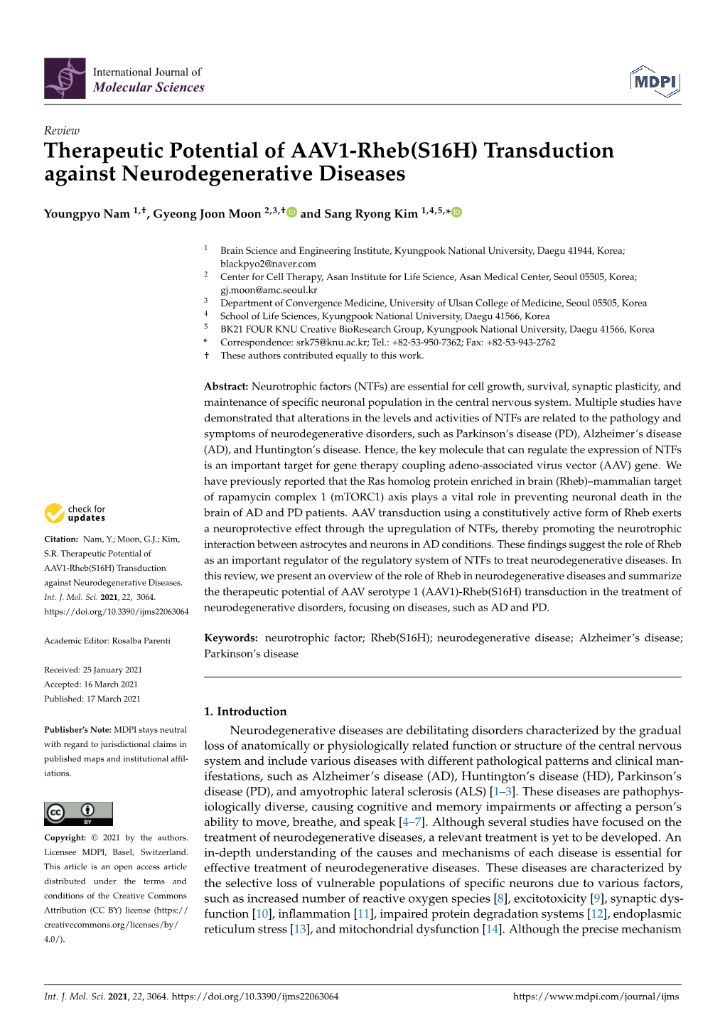 Therapeutic Potential of AAV1-Rheb(S16H) Transduction Against Neurodegenerative Diseases