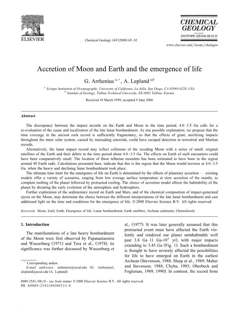 Accretion of Moon and Earth and the Emergence of Life