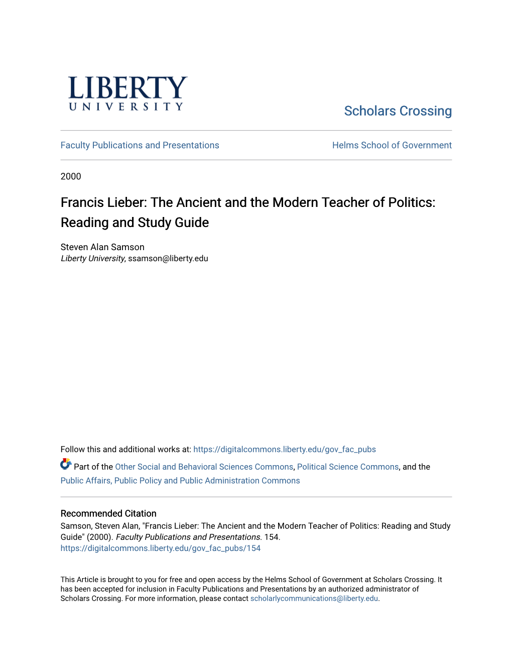 The Ancient and the Modern Teacher of Politics: Reading and Study Guide