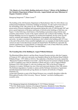 History of the Building of the Chemistry Department of Bonn University, August Kekulé and Some Milestones of Organic Chemistry in Bonn