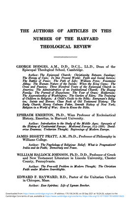The Authors of Articles in This Number of the Harvard Theological Review