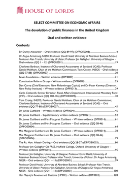 SELECT COMMITTEE on ECONOMIC AFFAIRS the Devolution of Public Finances in the United Kingdom Oral and Written Evidence Contents