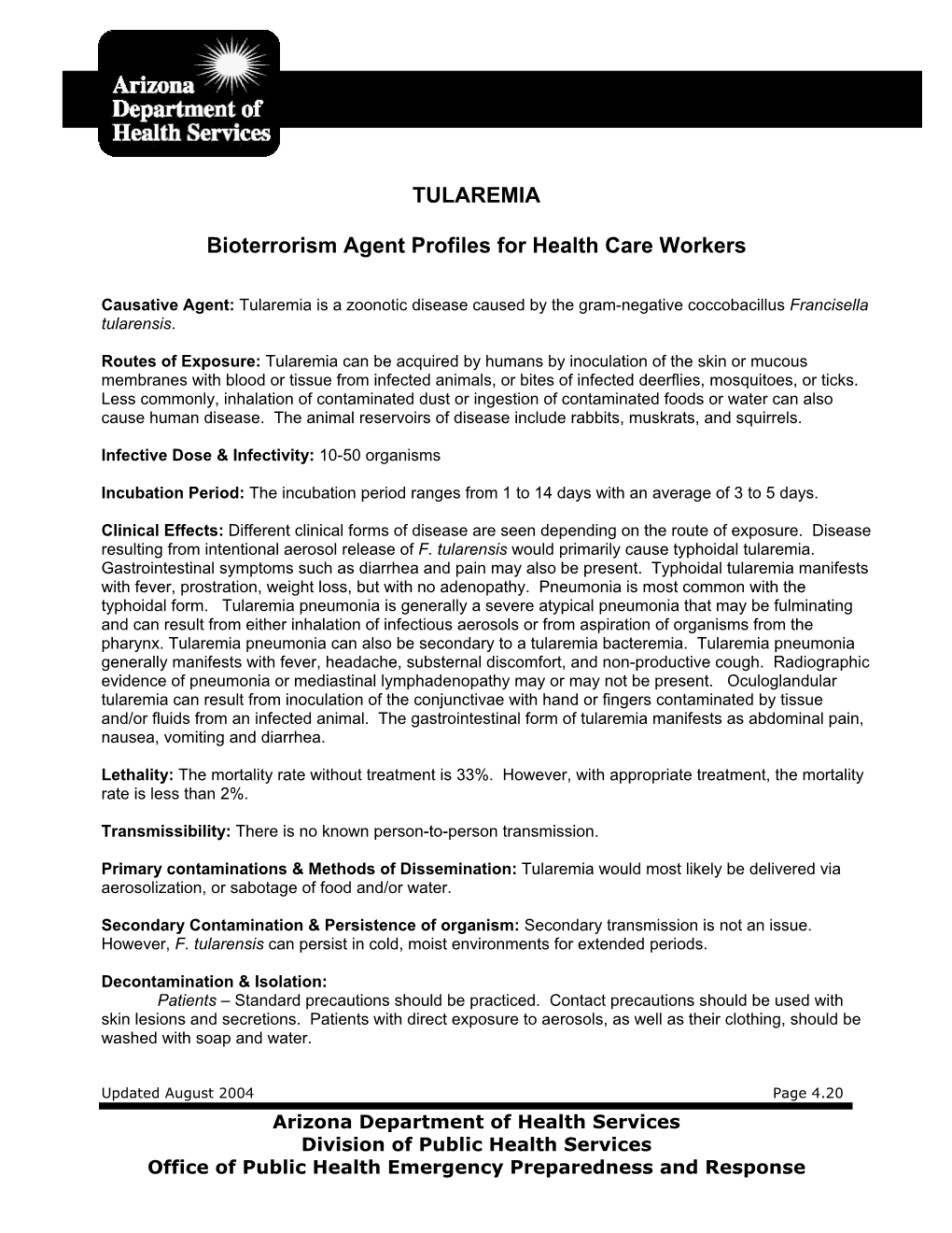 TULAREMIA Bioterrorism Agent Profiles for Health Care Workers