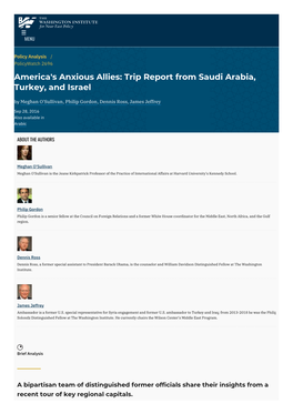 America's Anxious Allies: Trip Report from Saudi Arabia, Turkey, and Israel by Meghan O'sullivan, Philip Gordon, Dennis Ross, James Jeffrey