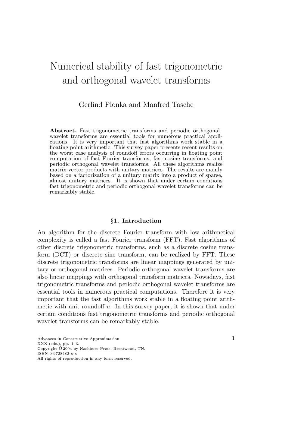 Numerical Stability of Fast Trigonometric and Orthogonal Wavelet Transforms