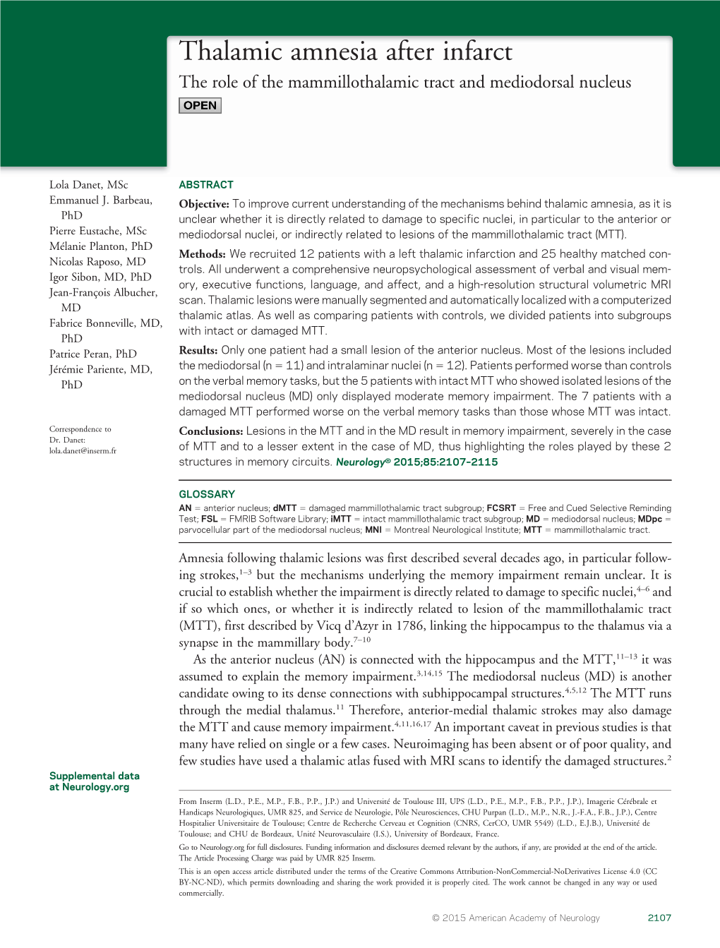 Thalamic Amnesia After Infarct the Role of the Mammillothalamic Tract and Mediodorsal Nucleus