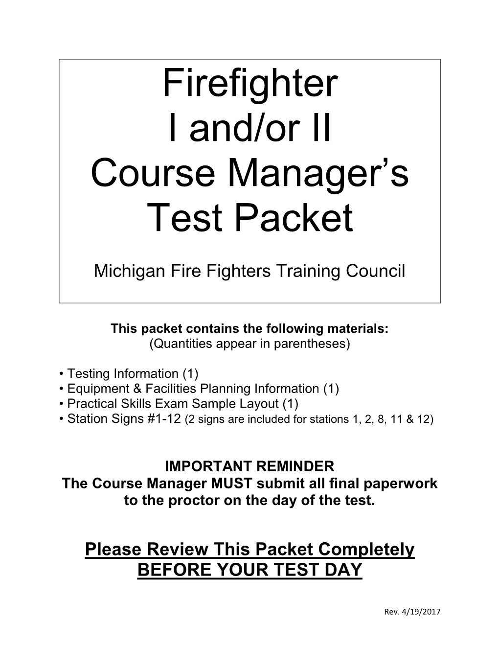Firefighter I And/Or II Course Manager's Test Packet