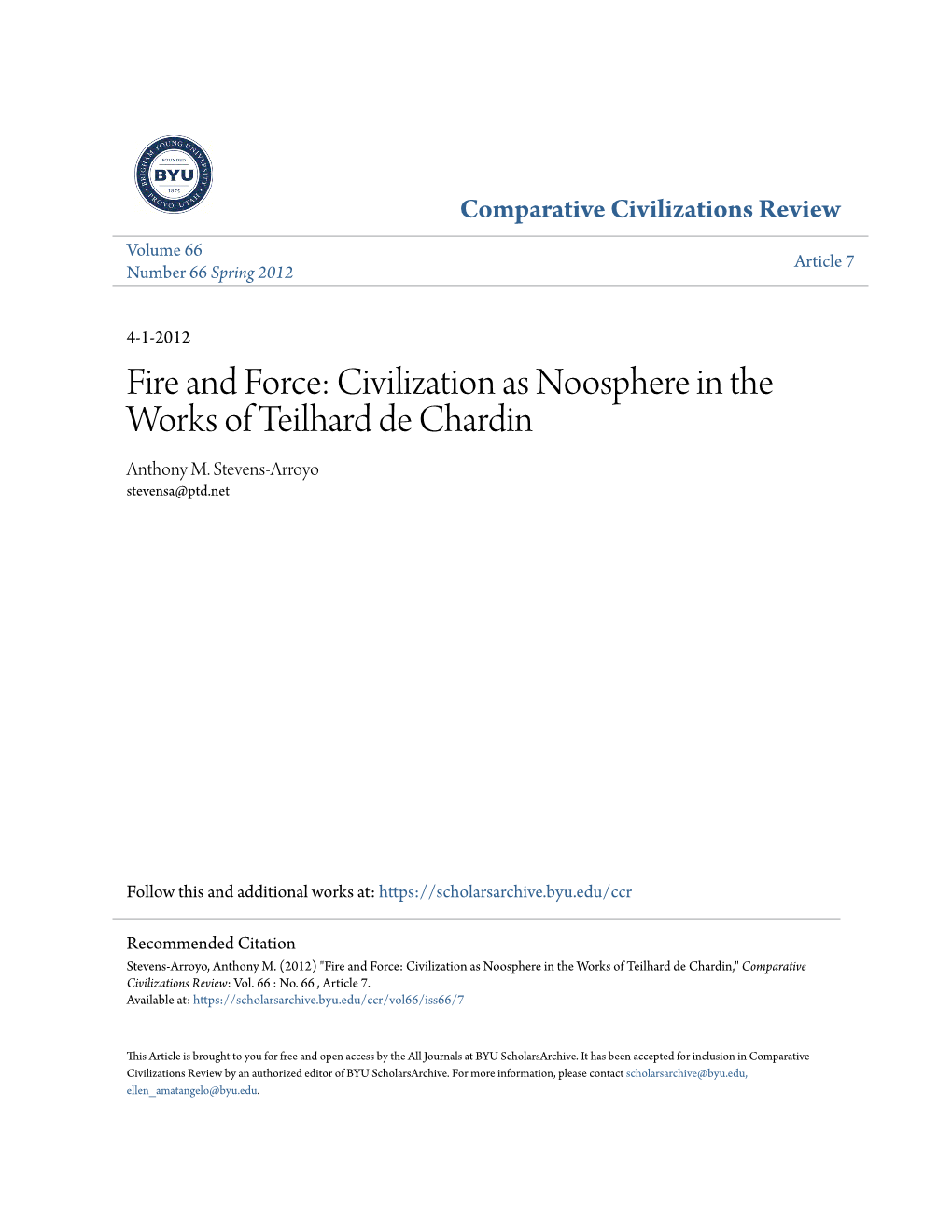 Civilization As Noosphere in the Works of Teilhard De Chardin Anthony M