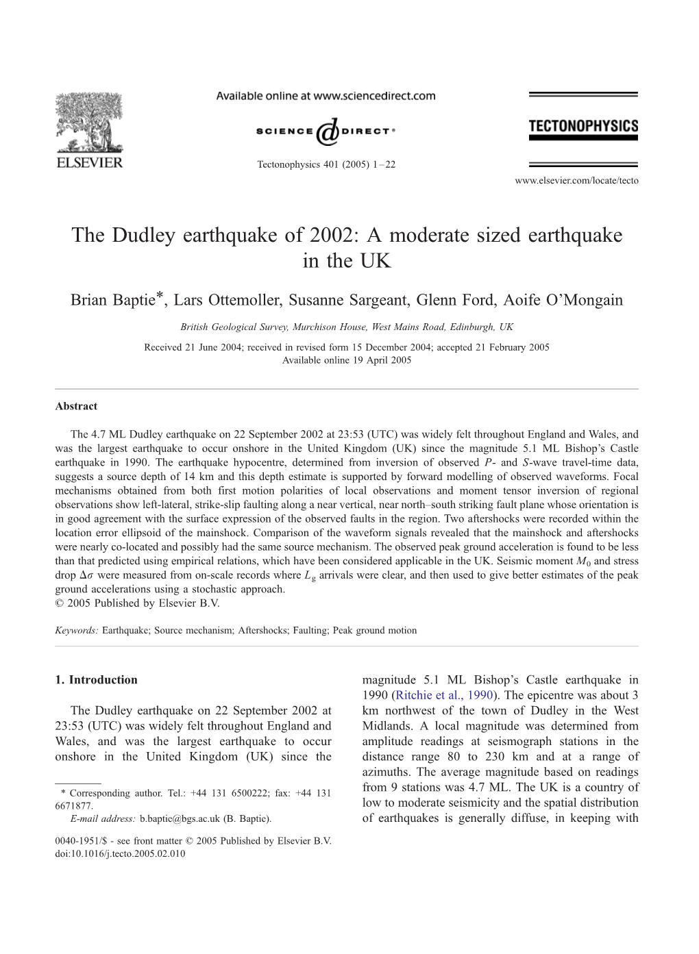 The Dudley Earthquake of 2002: a Moderate Sized Earthquake in the UK