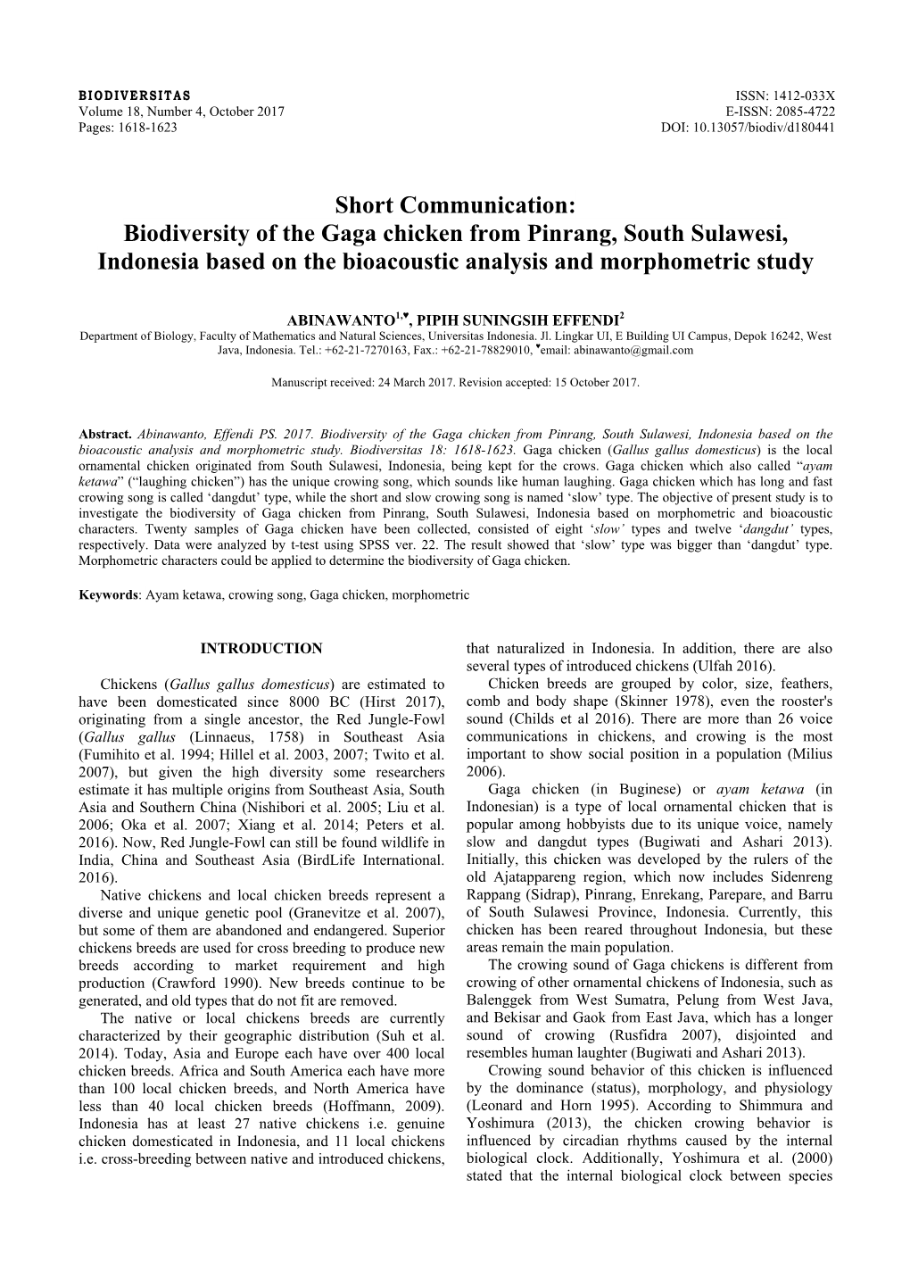 Biodiversity of the Gaga Chicken from Pinrang, South Sulawesi, Indonesia Based on the Bioacoustic Analysis and Morphometric Study