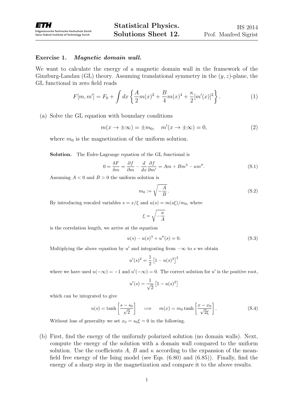 Statistical Physics. Solutions Sheet