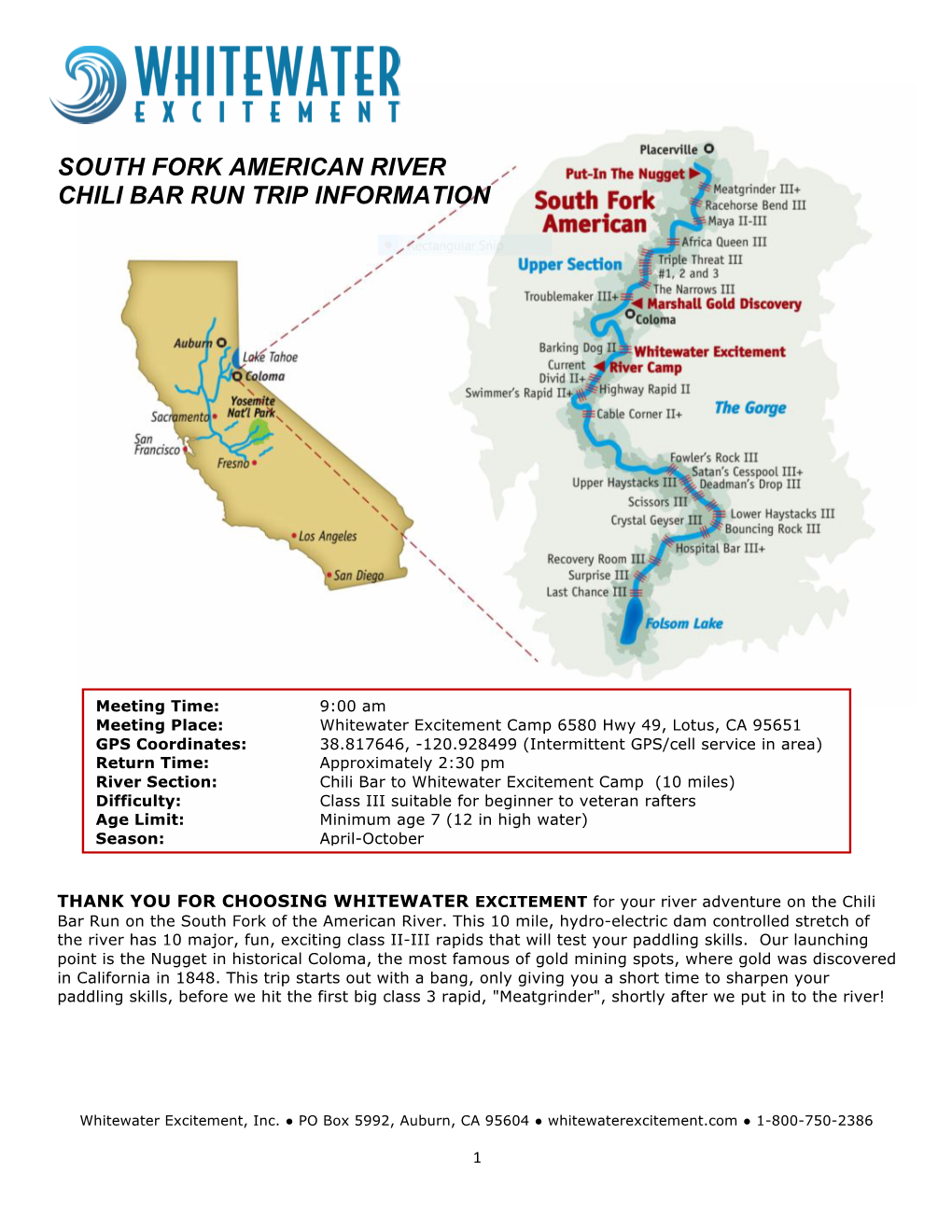 South Fork American River Chili Bar Run Trip Information