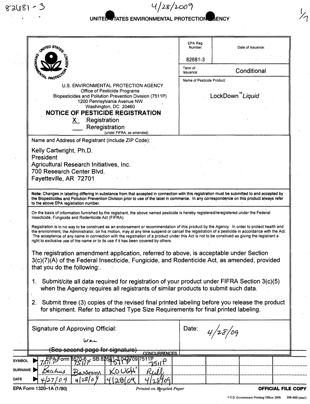 U.S. EPA, Pesticide Product Label, LOCKDOWN LIQUID, 04/28/2009