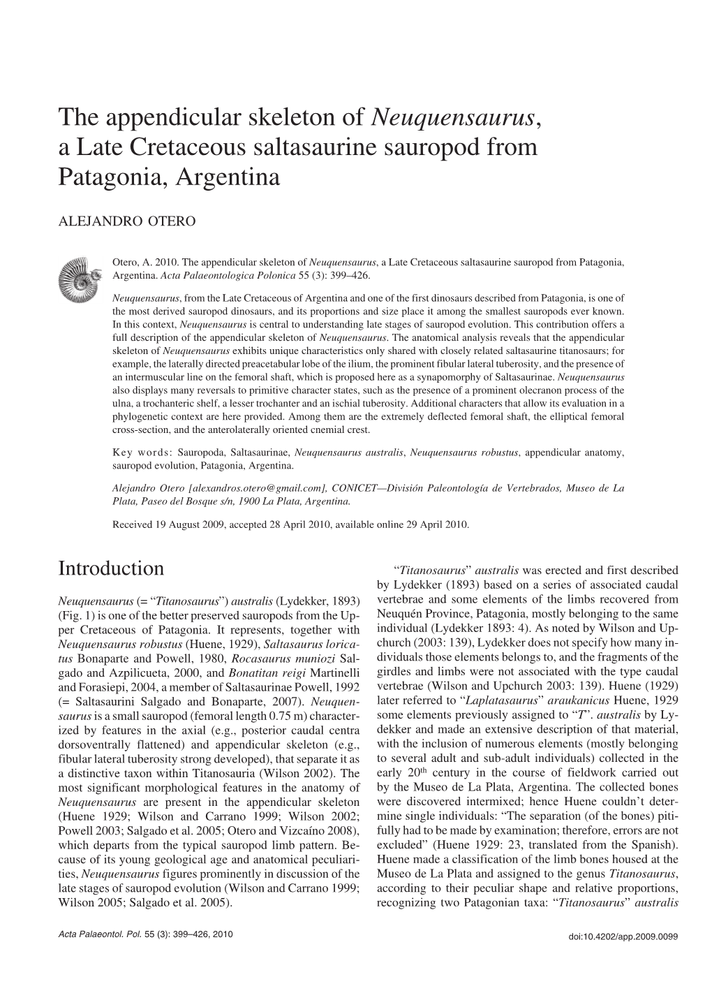 The Appendicular Skeleton of Neuquensaurus, a Late Cretaceous Saltasaurine Sauropod from Patagonia, Argentina