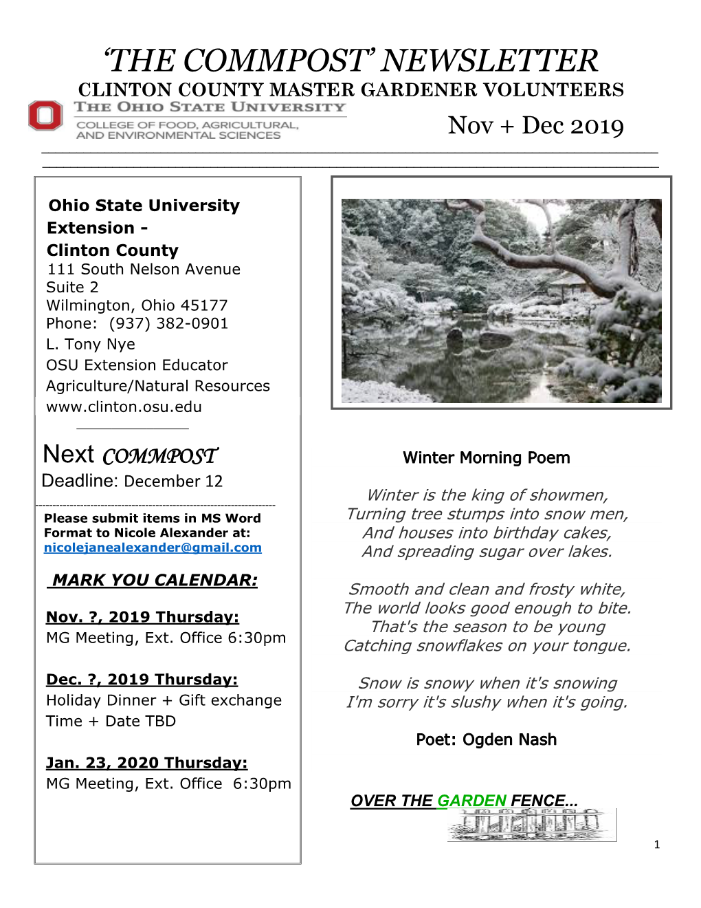 THE COMMPOST’ NEWSLETTER CLINTON COUNTY MASTER GARDENER VOLUNTEERS Nov + Dec 2019 ______