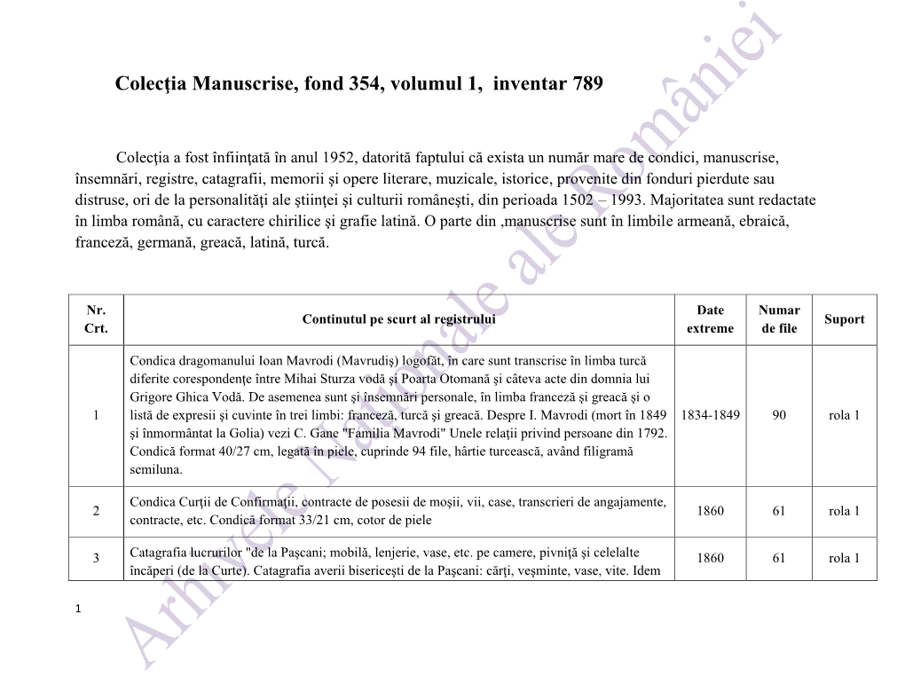 Colecţia Manuscrise, Fond 354, Volumul 1, Inventar 789