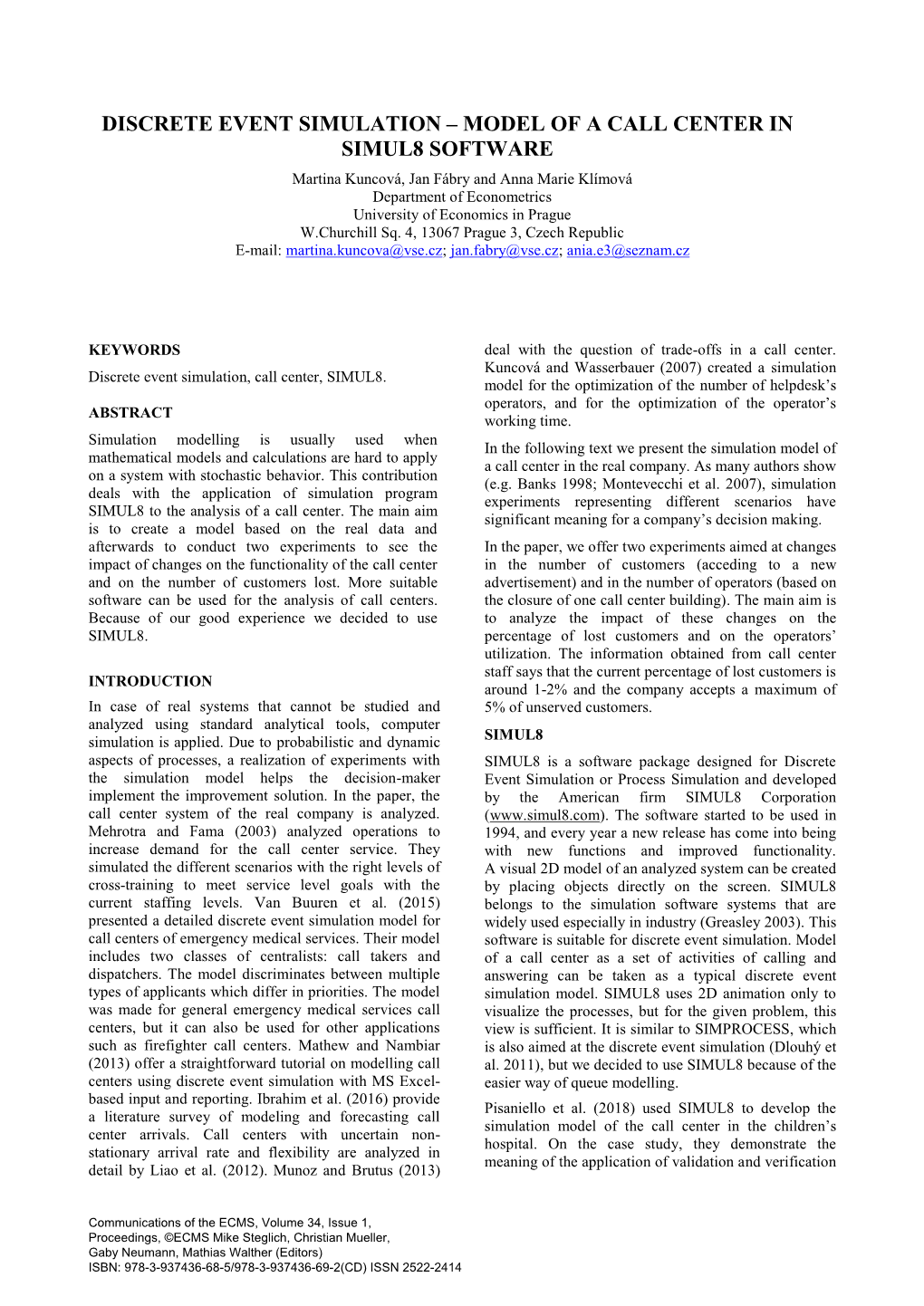 Discrete Event Simulation – Model of a Call Center in Simul8 Software