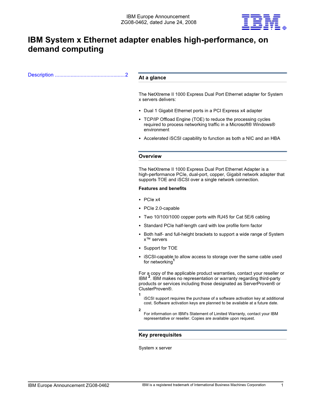 IBM System X Ethernet Adapter Enables High-Performance, on Demand Computing