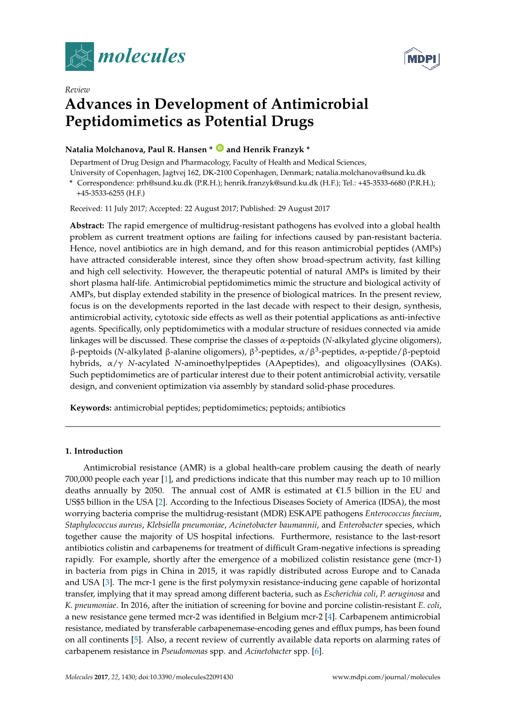 Advances in Development of Antimicrobial Peptidomimetics As Potential Drugs