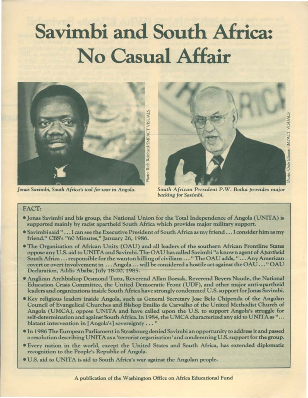 Savimbi and South Africa: No Casual Affair