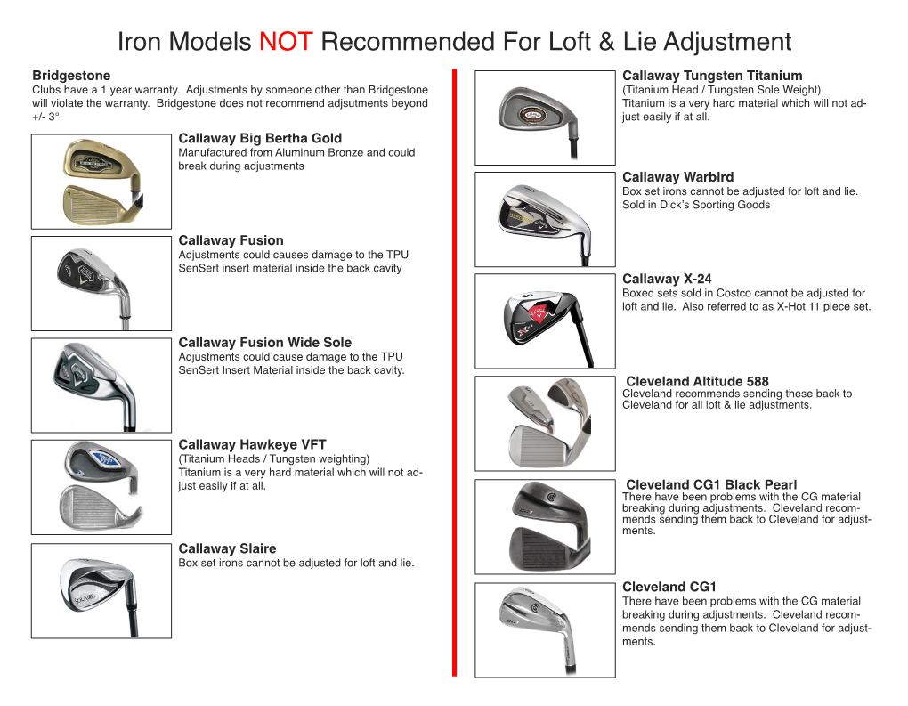 Iron Models NOT Recommended for Loft & Lie Adjustment