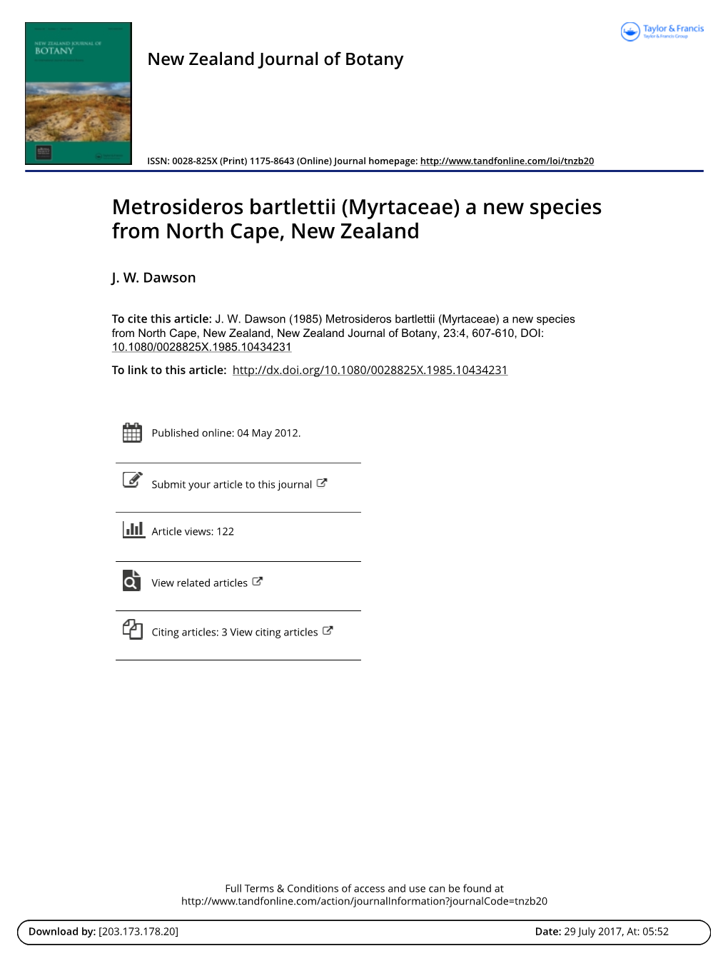 Metrosideros Bartlettii (Myrtaceae) a New Species from North Cape, New Zealand