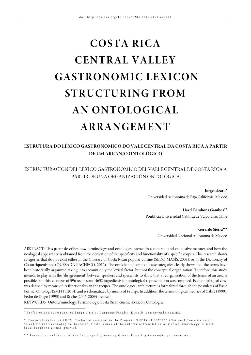 Costa Rica Central Valley Gastronomic Lexicon Structuring from an Ontological Arrangement