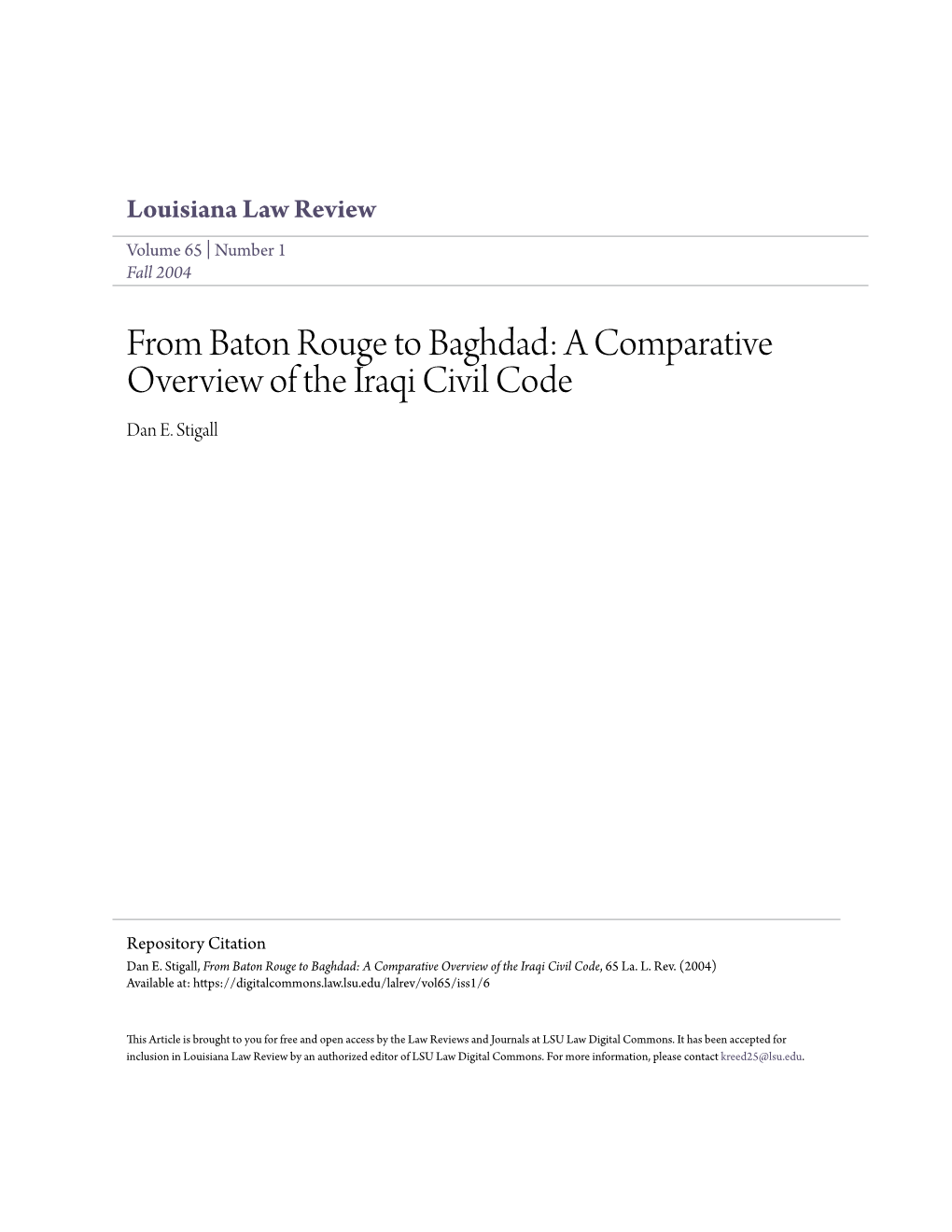 From Baton Rouge to Baghdad: a Comparative Overview of the Iraqi Civil Code Dan E