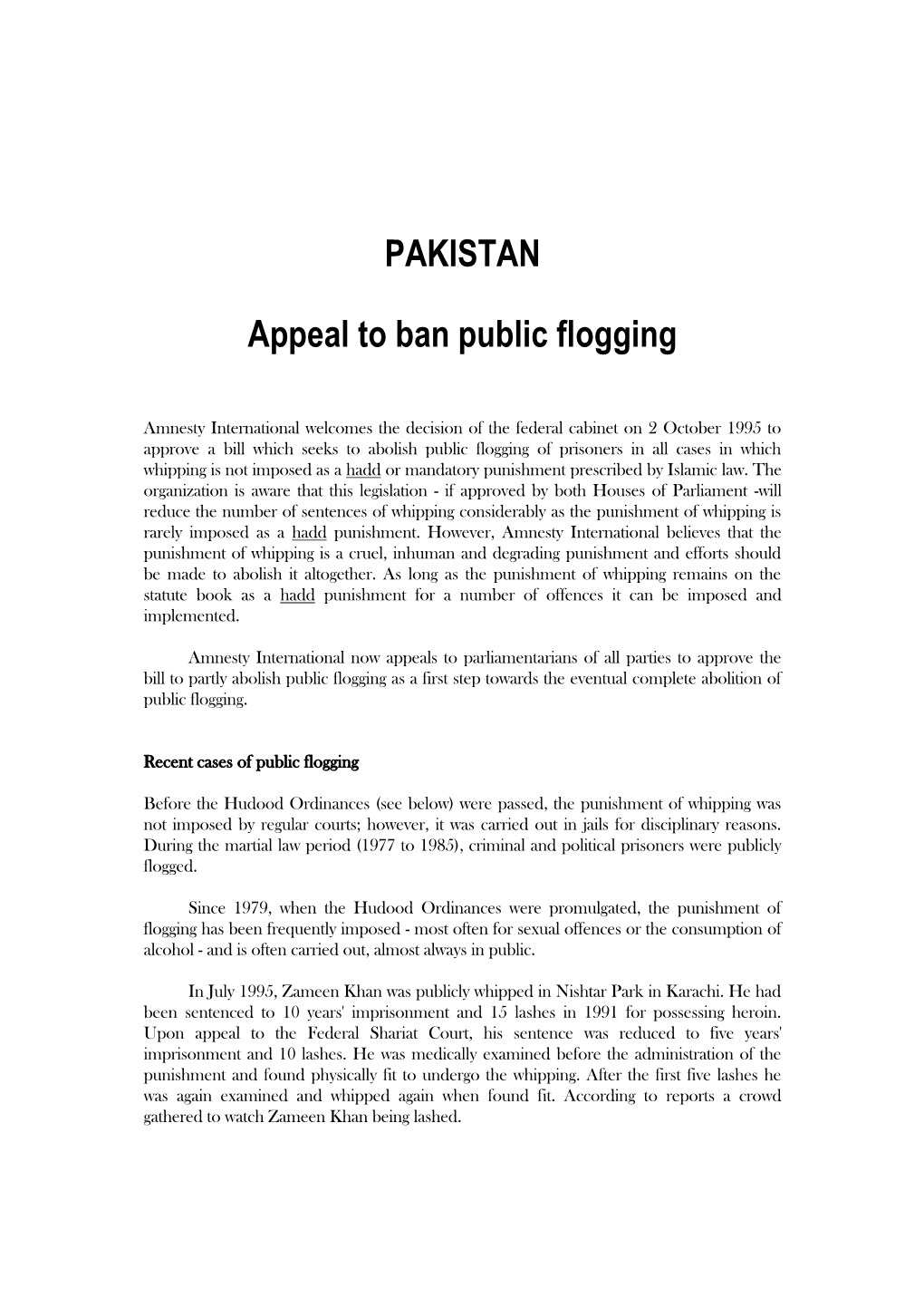 PAKISTAN Appeal to Ban Public Flogging