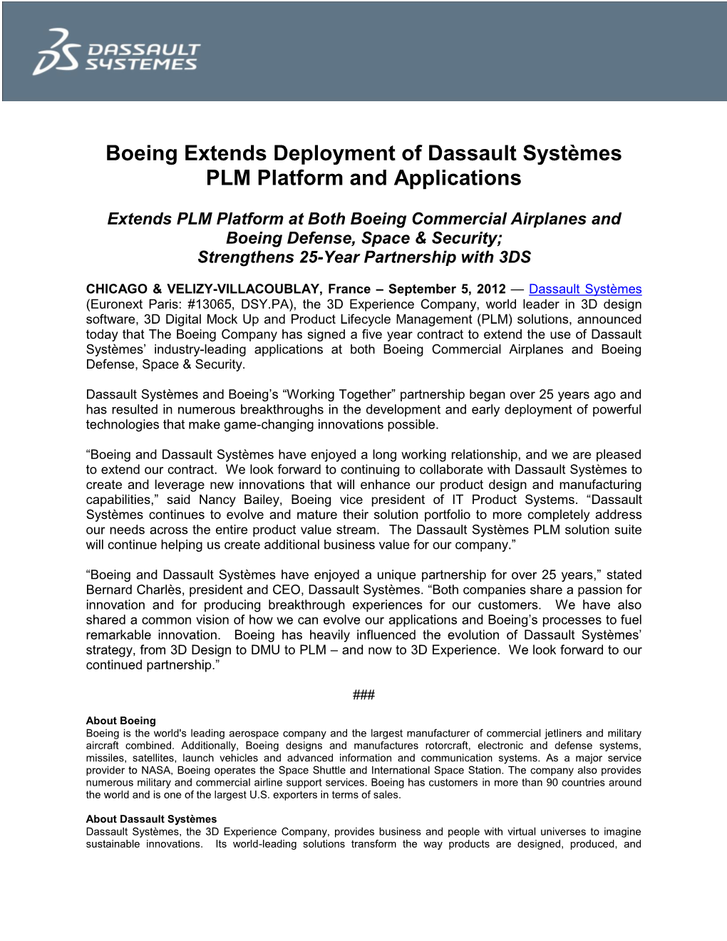 Boeing Extends Deployment of Dassault Systèmes PLM Platform and Applications