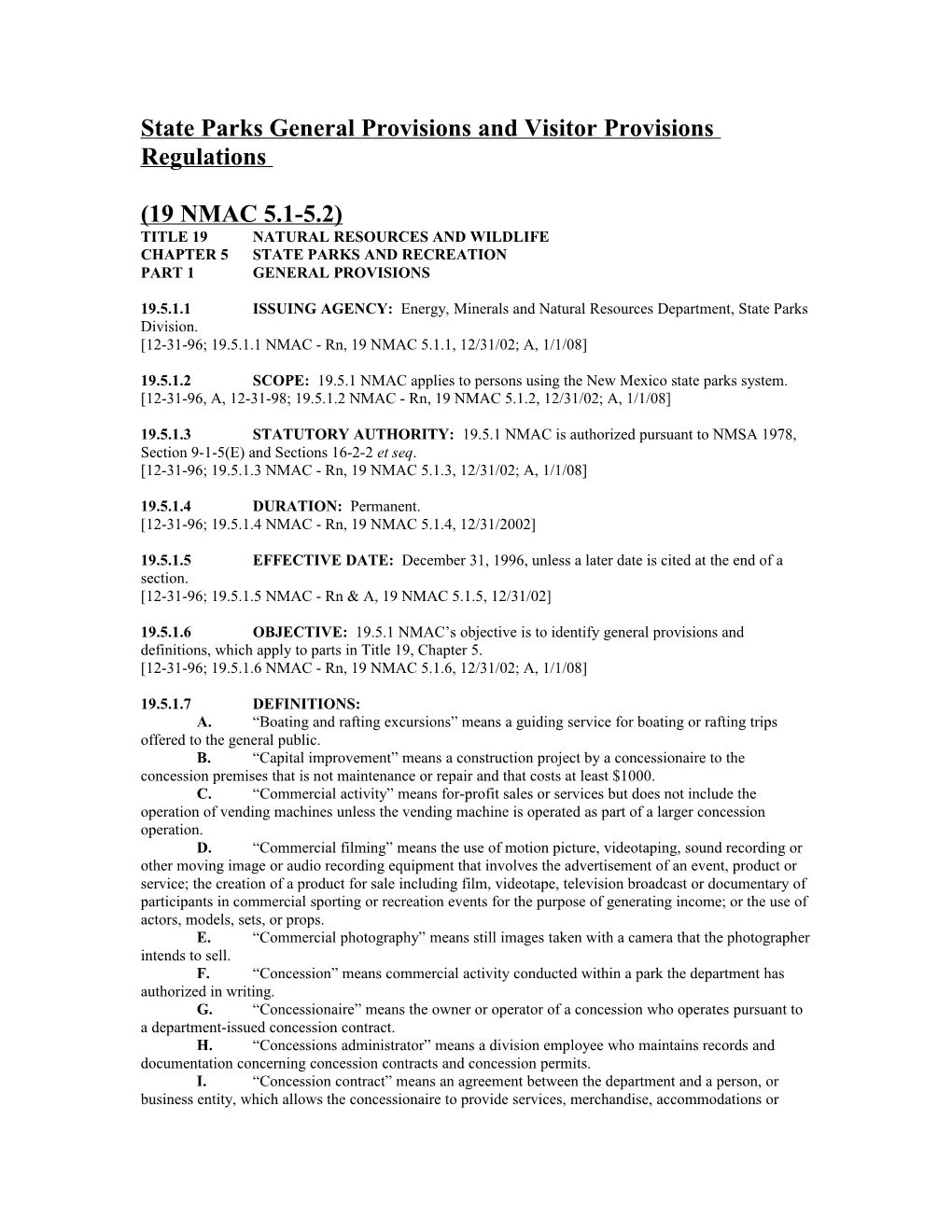 State Parks General Provisions and Visitor Provisions Regulations