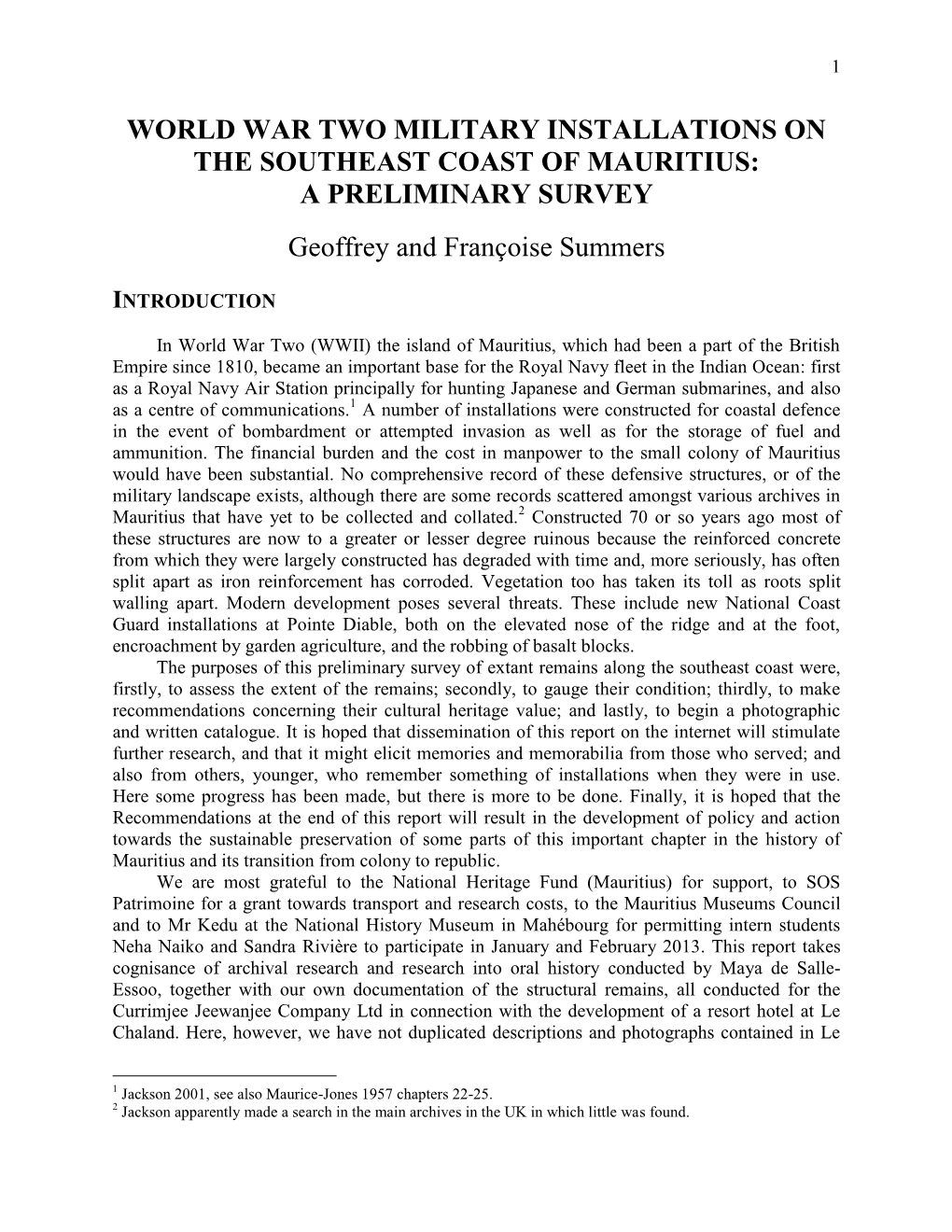 World War Two Military Installations on the Southeast Coast of Mauritius: a Preliminary Survey