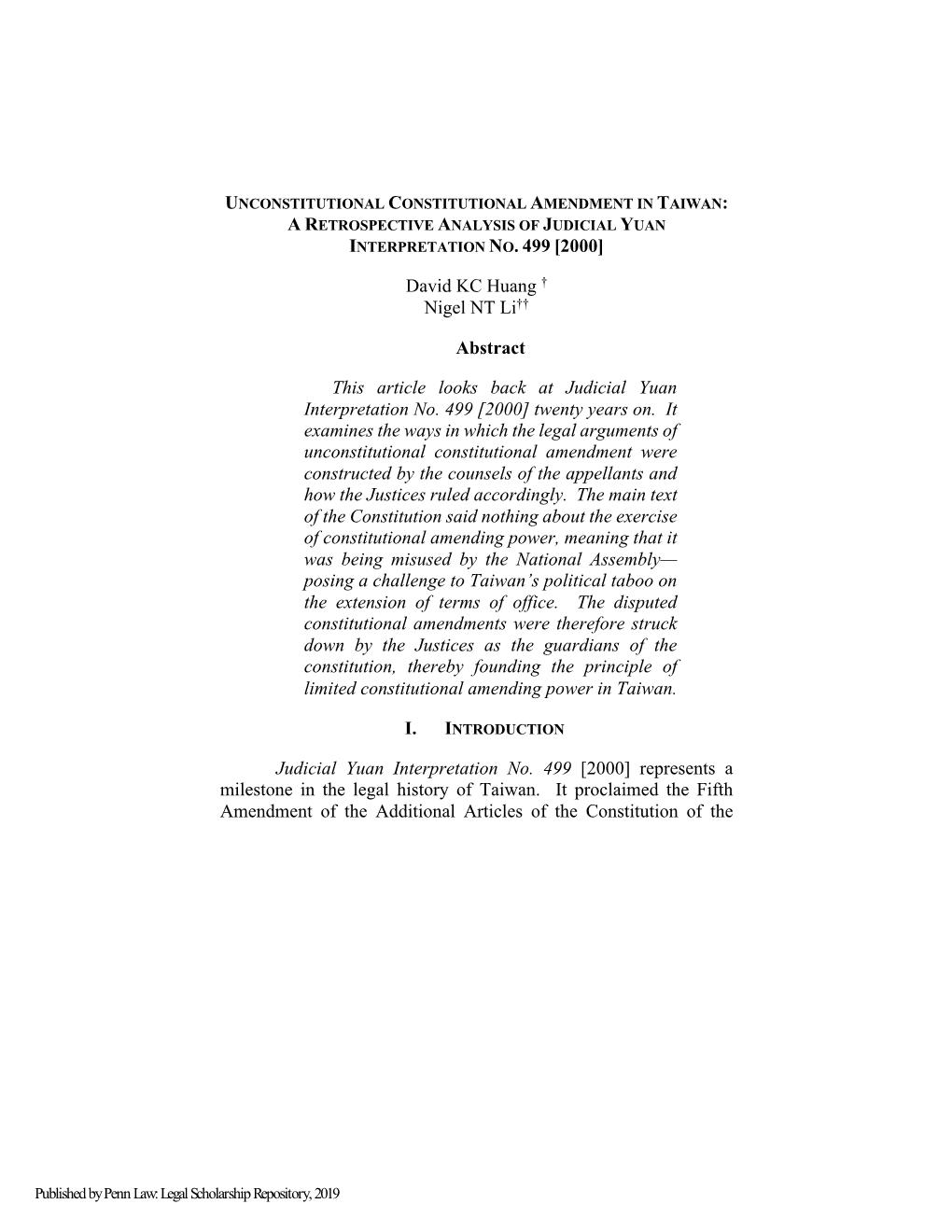 A Retrospective Analysis of Judicial Yuan Interpretation No. 499 [2000]