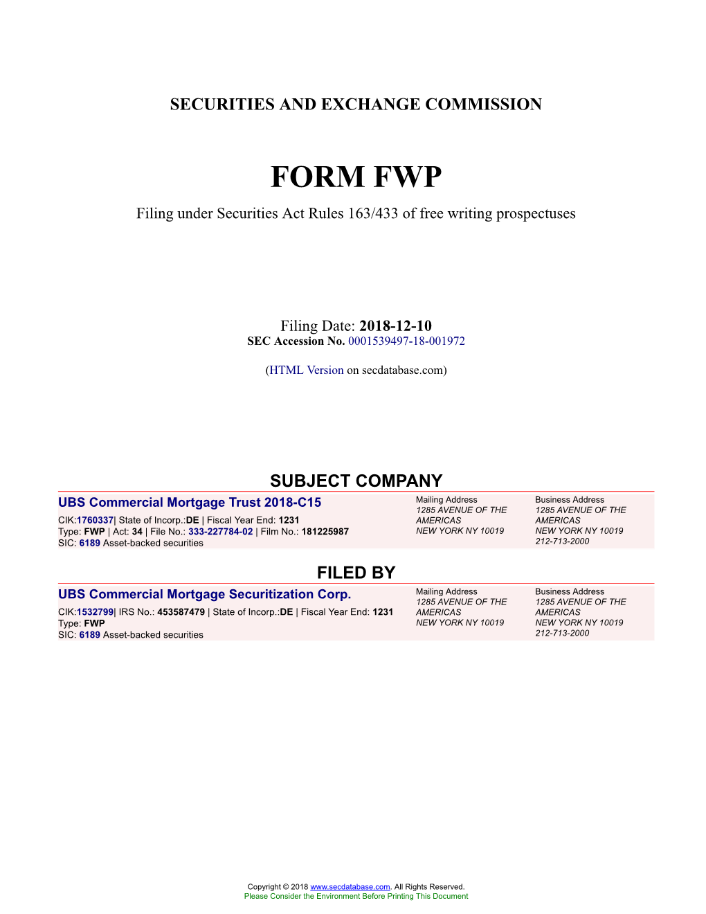 UBS Commercial Mortgage Trust 2018-C15 Form FWP Filed 2018-12
