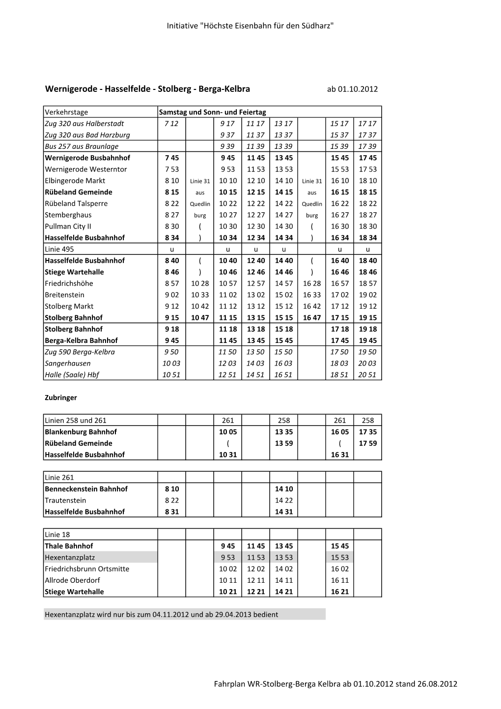 Fahrplan WR-Stolberg-Berga Kelbra Ab 01.10.2012 Stand 26.08.2012 Initiative 