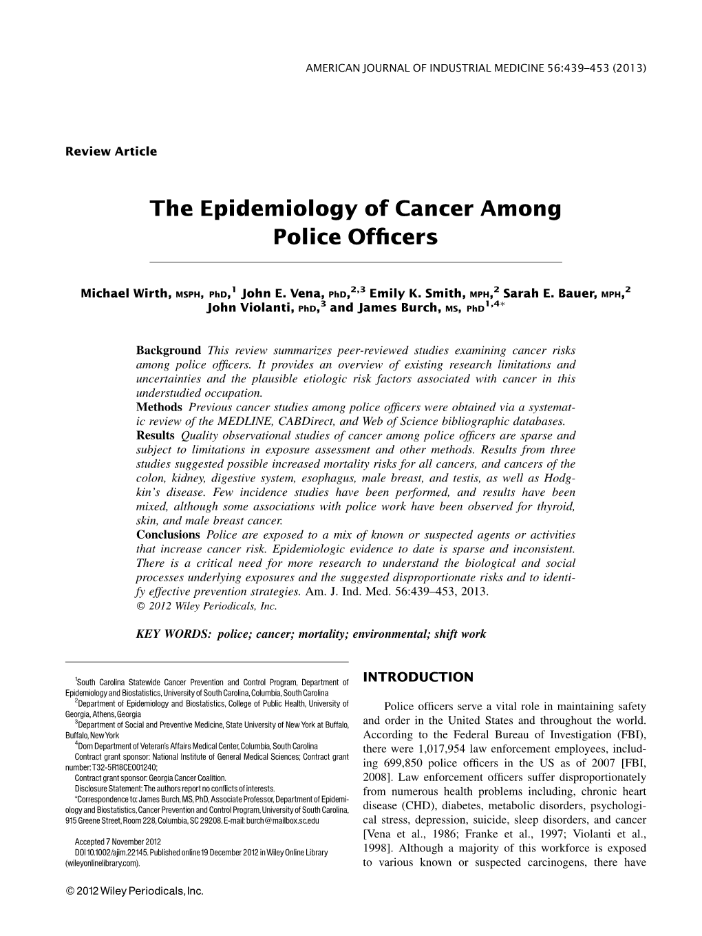 The Epidemiology of Cancer Among Police Officers