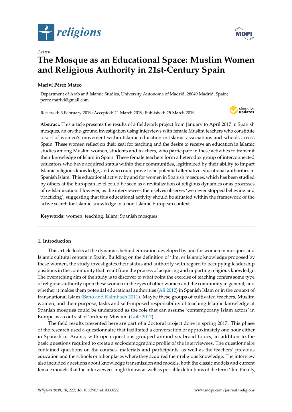 The Mosque As an Educational Space: Muslim Women and Religious Authority in 21St-Century Spain
