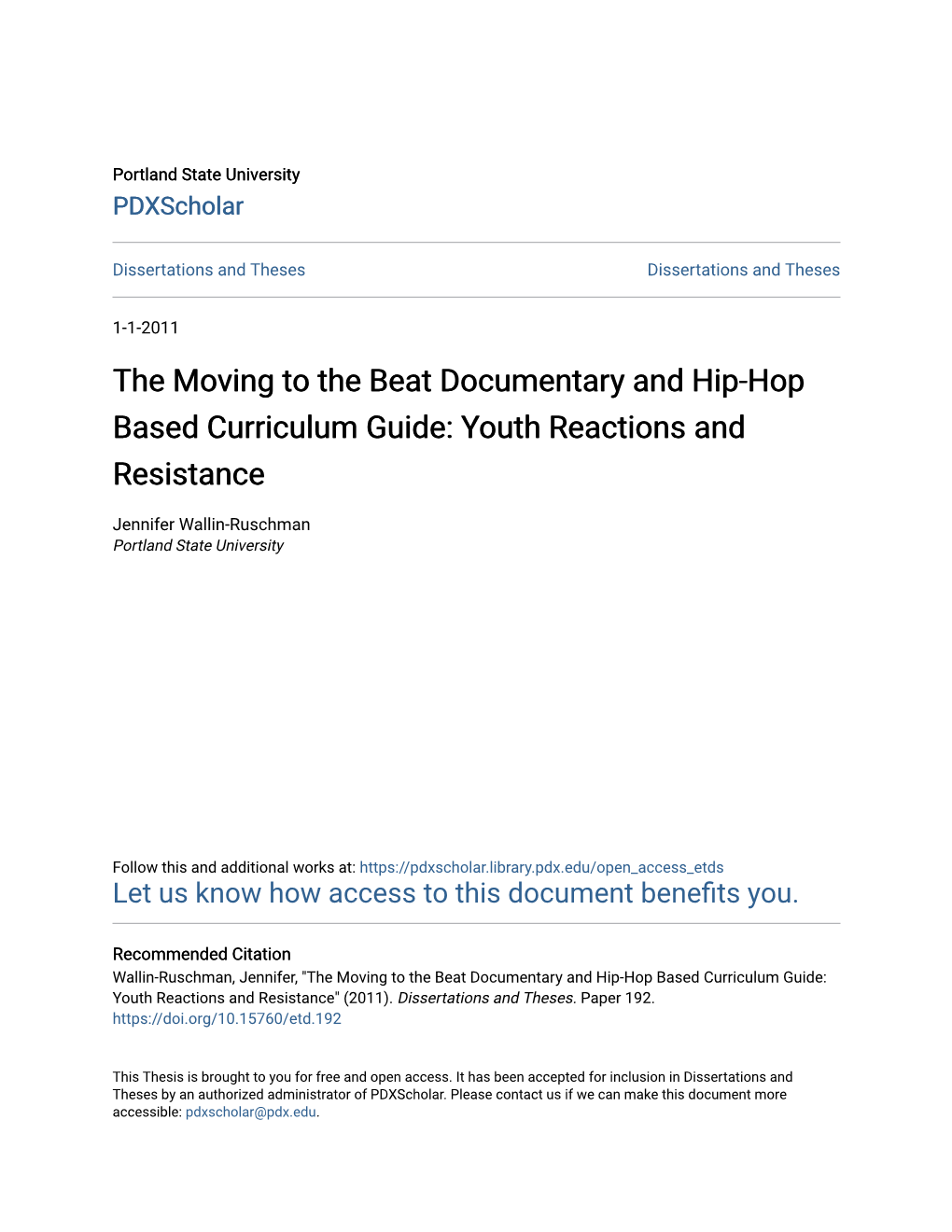 The Moving to the Beat Documentary and Hip-Hop Based Curriculum Guide: Youth Reactions and Resistance