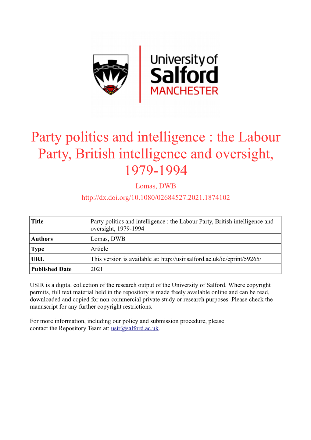 The Labour Party, British Intelligence and Oversight, 1979-1994 Lomas, DWB