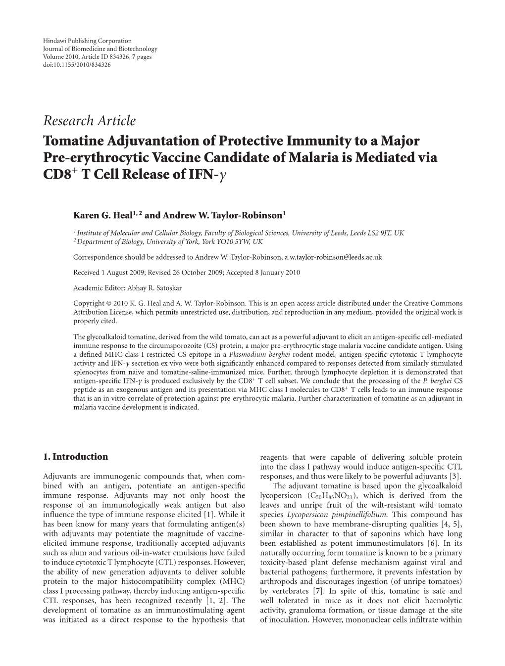 Research Article Tomatine Adjuvantation of Protective Immunity to a Major Pre-Erythrocytic Vaccine Candidate of Malaria Is Mediated Via CD8+ T Cell Release of IFN-Γ