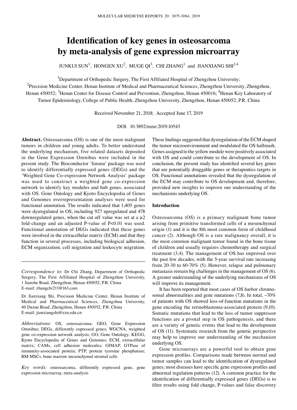 Identification of Key Genes in Osteosarcoma by Meta‑Analysis of Gene Expression Microarray