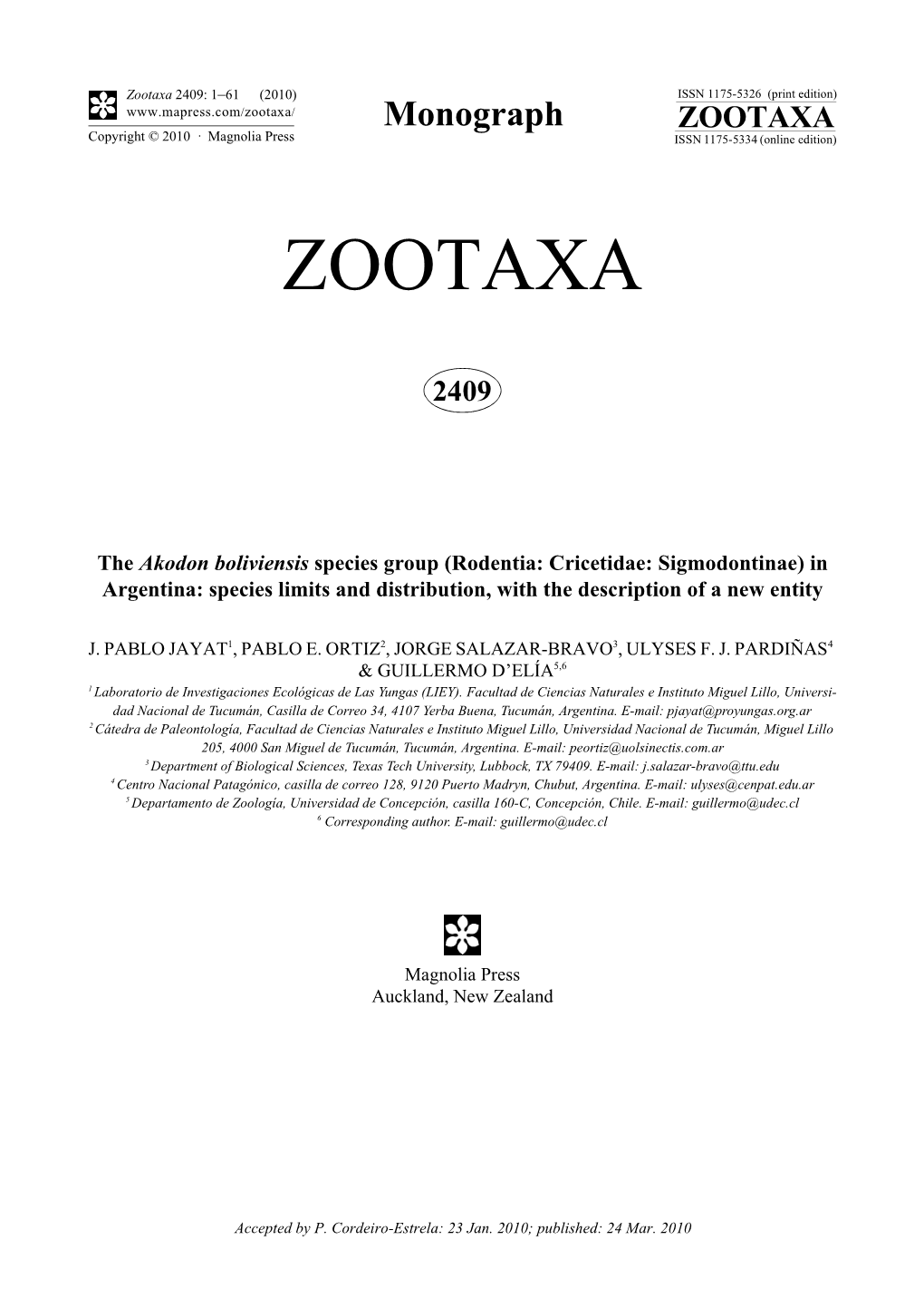 Zootaxa, the Akodon Boliviensis Species Group