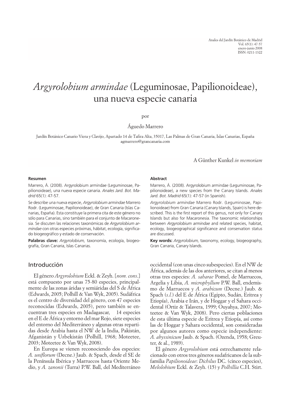 Argyrolobium Armindae (Leguminosae, Papilionoideae), Una Nueva Especie Canaria